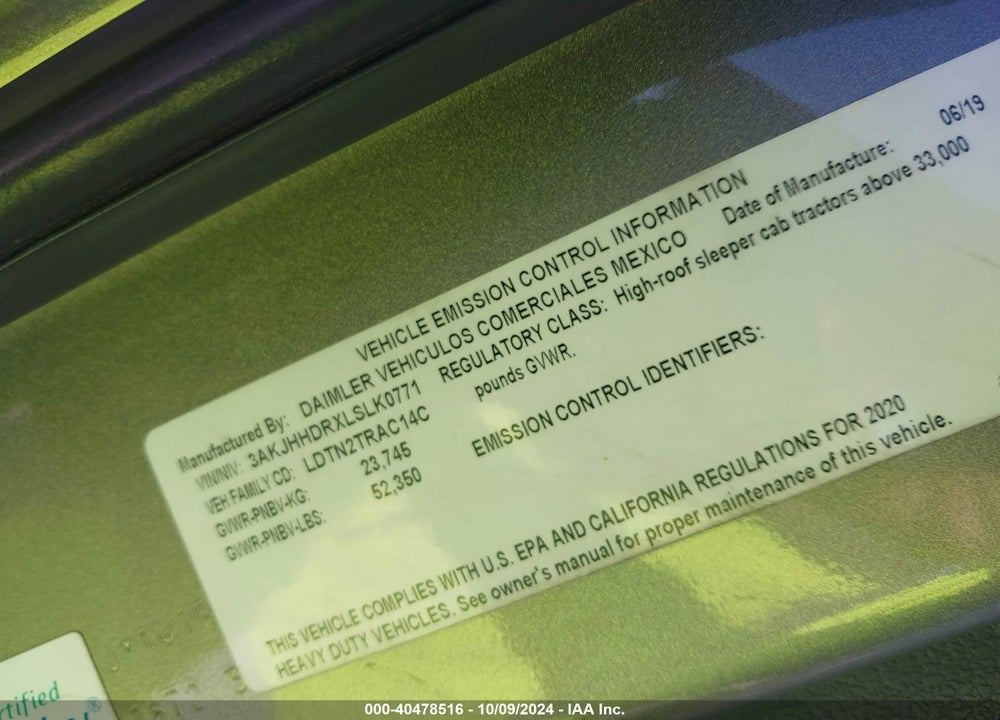 2020 FREIGHTLINER NEW CASCADIA 126 VIN: 3AKJHHDRXLSLK0771