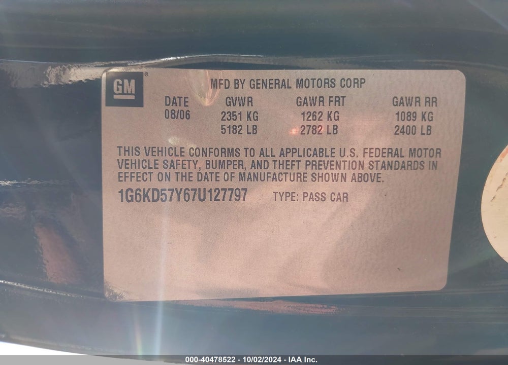 2007 CADILLAC DTS STANDARD VIN: 1G6KD57Y67U127797