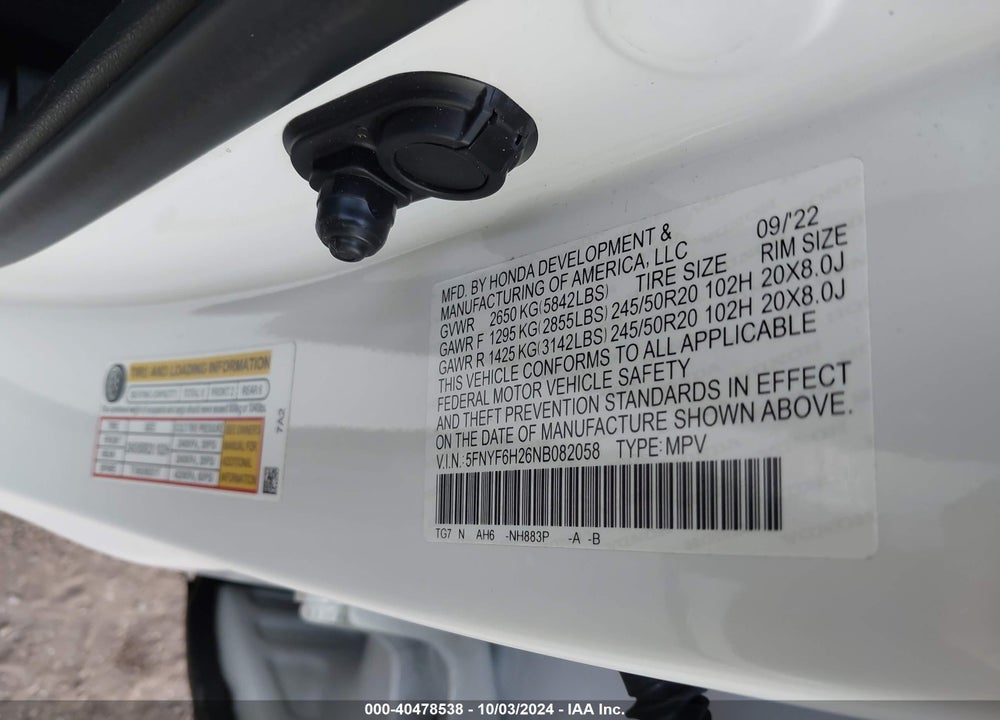 2022 HONDA PILOT AWD SPECIAL EDITION VIN: 5FNYF6H26NB082058