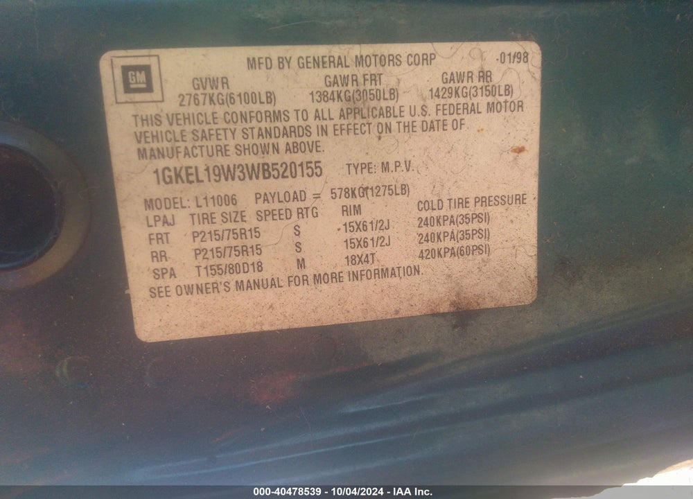 1998 GMC SAFARI SLE VIN: 1GKEL19W3WB520155