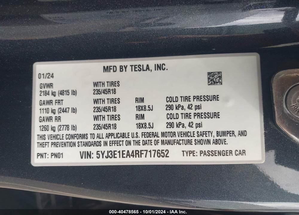 2024 TESLA MODEL 3 REAR-WHEEL DRIVE VIN: 5YJ3E1EA4RF717652