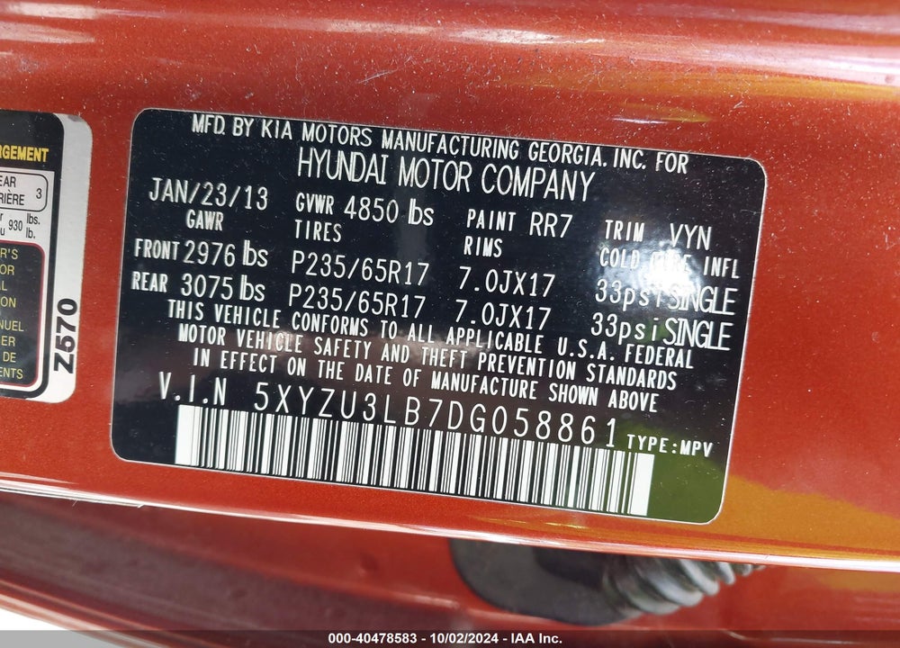 2013 HYUNDAI SANTA FE SPORT VIN: 5XYZU3LB7DG058861