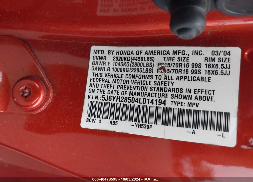 2004 HONDA ELEMENT EX VIN: 5J6YH28504L014194