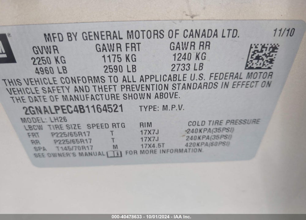 2011 CHEVROLET EQUINOX 2LT VIN: 2GNALPEC4B1164521