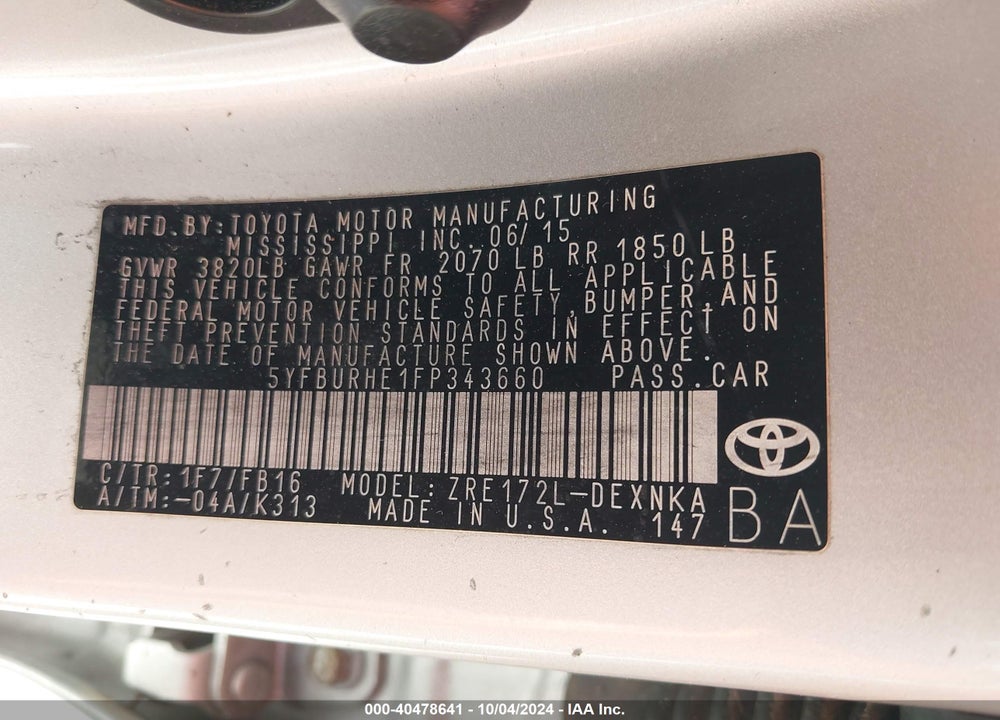 2015 TOYOTA COROLLA LE VIN: 5YFBURHE1FP343660