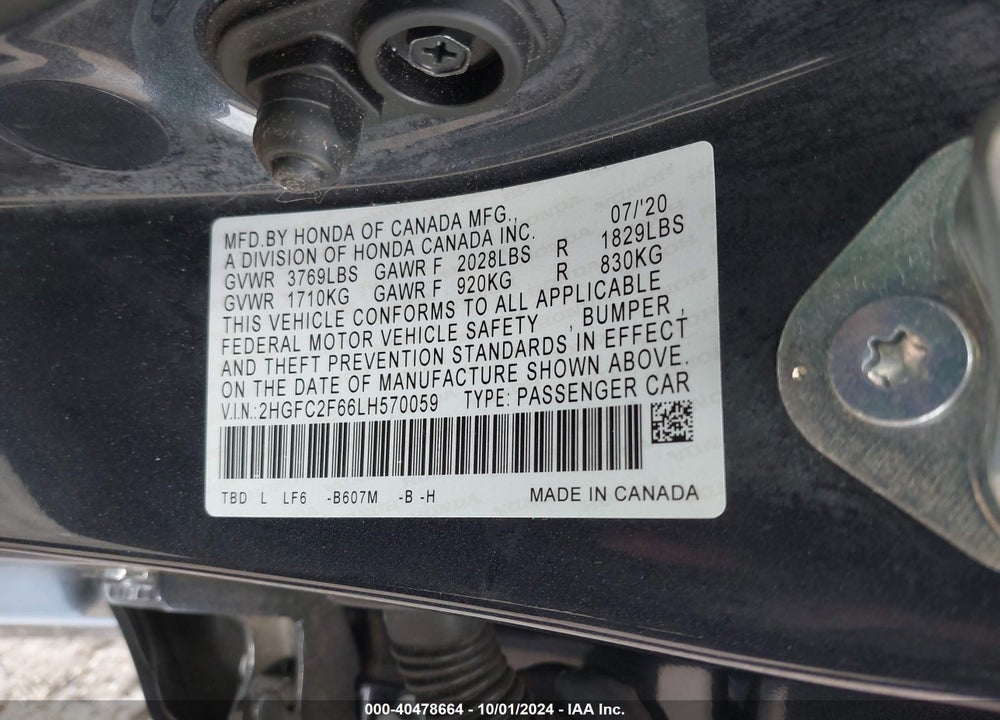 2020 HONDA CIVIC VIN: 2HGFC2F66LH570059