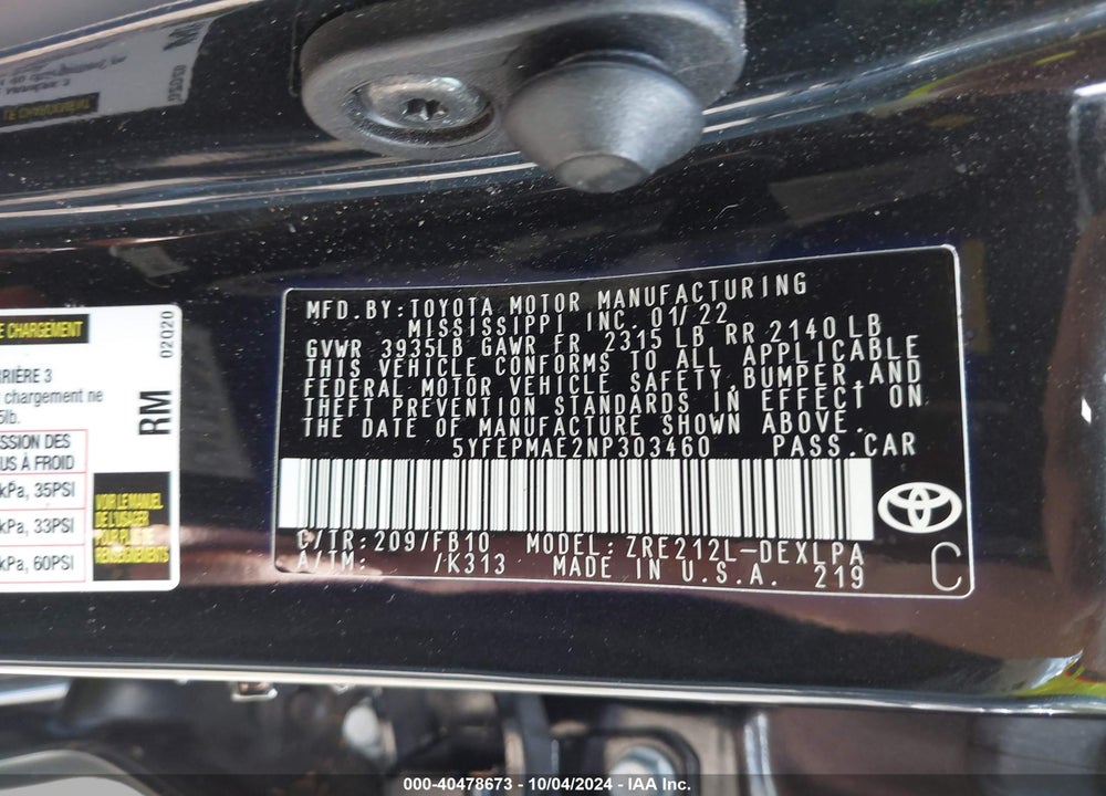 2022 TOYOTA COROLLA LE VIN: 5YFEPMAE2NP303460