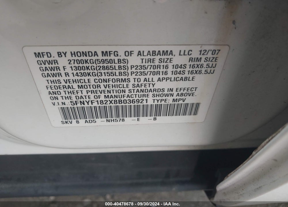 2008 HONDA PILOT VP VIN: 5FNYF182X8B036921