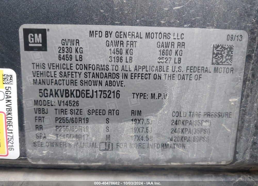 2014 BUICK ENCLAVE LEATHER VIN: 5GAKVBKD6EJ175216