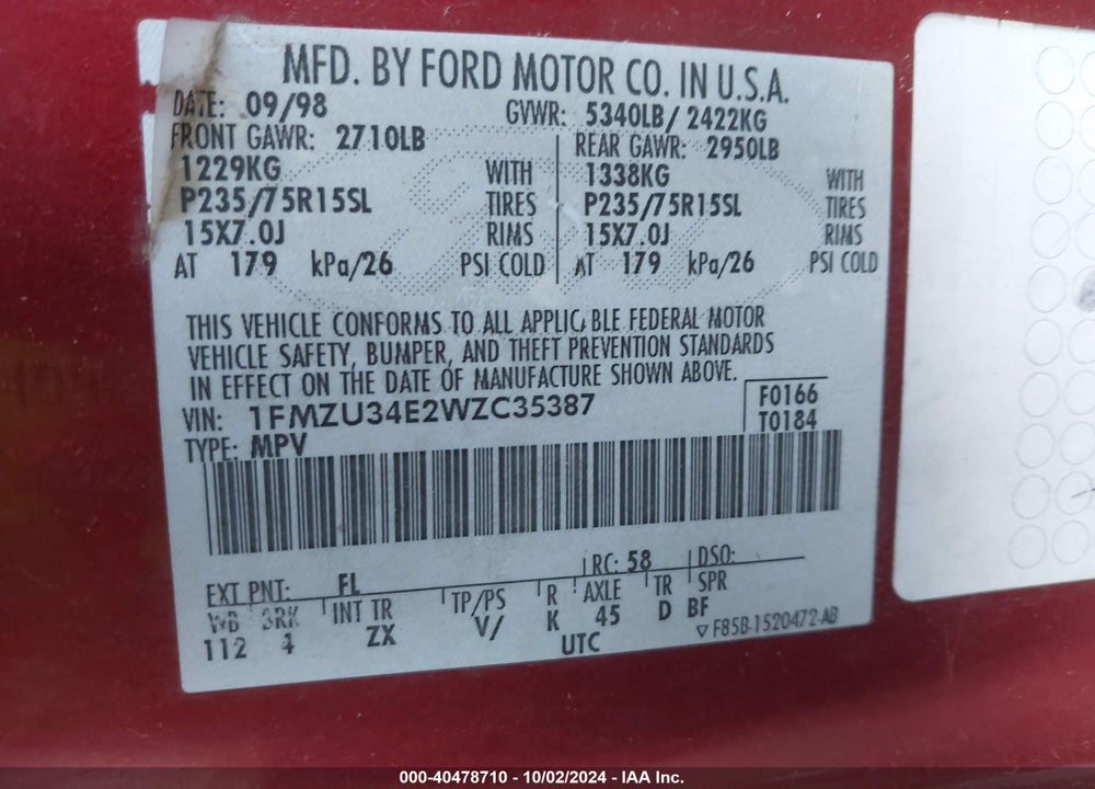 1998 FORD EXPLORER VIN: 1FMZU34E2WZC35387