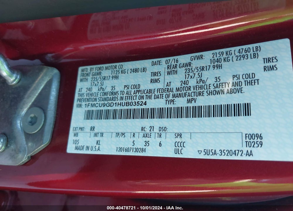 2017 FORD ESCAPE SE VIN: 1FMCU9GD1HUB03524