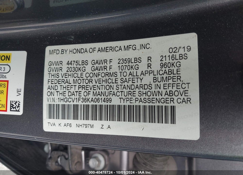 2019 HONDA ACCORD SPORT VIN: 1HGCV1F36KA061499