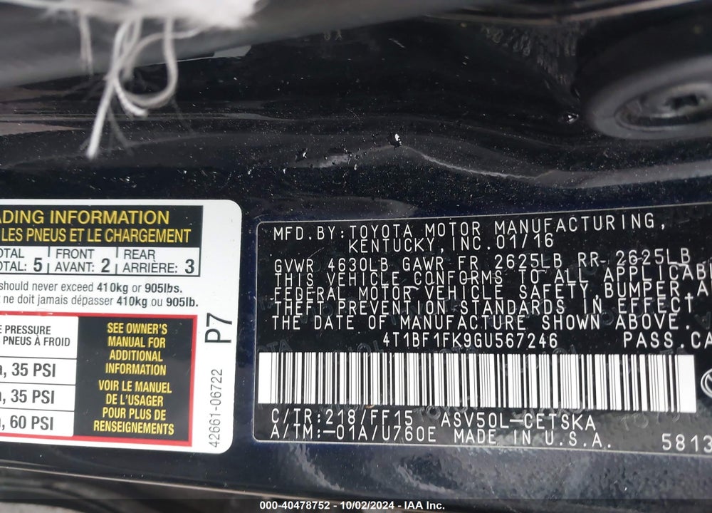 2016 TOYOTA CAMRY SE VIN: 4T1BF1FK9GU567246