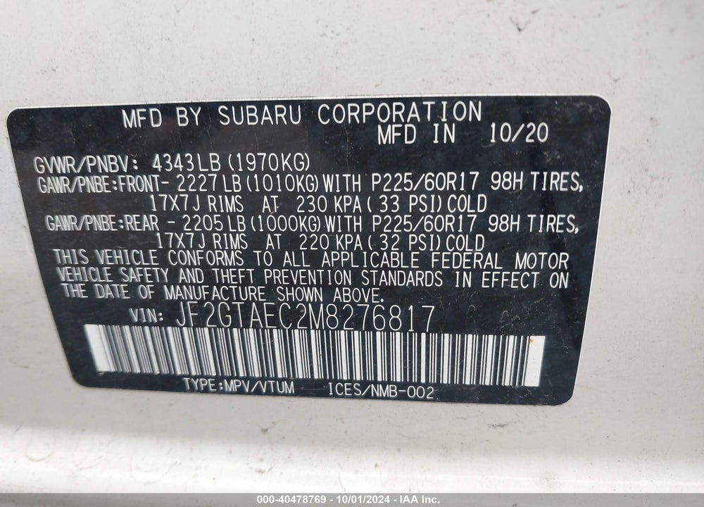 2021 SUBARU CROSSTREK PREMIUM VIN: JF2GTAEC2M8276817