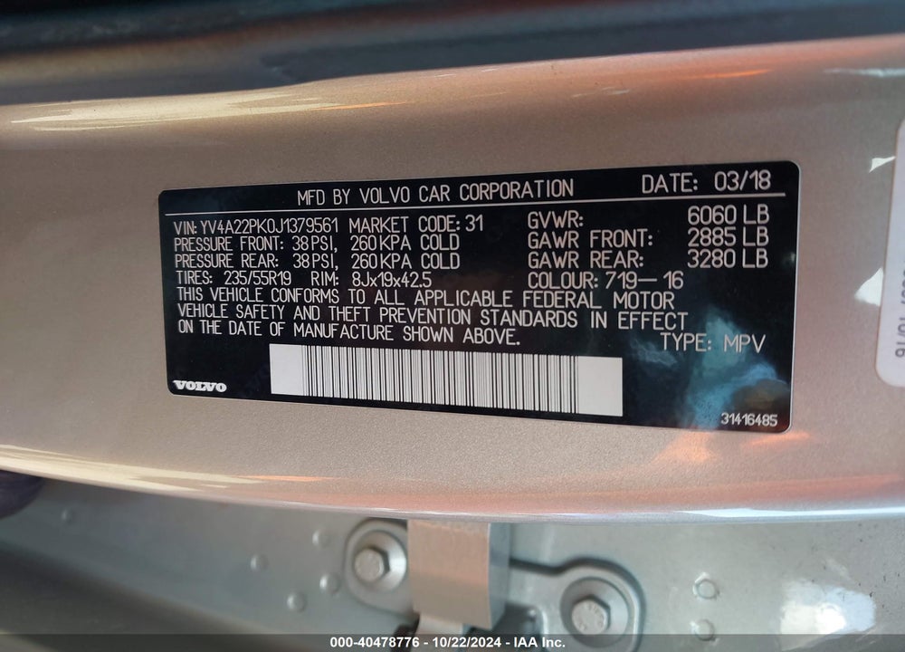 2018 VOLVO XC90 T6 MOMENTUM VIN: YV4A22PK0J1379561