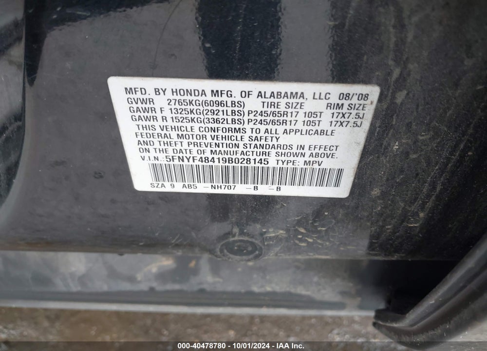 2009 HONDA PILOT EX VIN: 5FNYF48419B028145