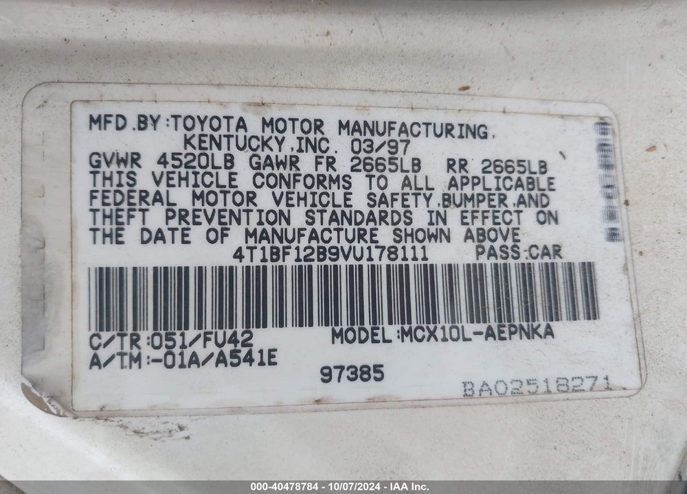 1997 TOYOTA AVALON XL VIN: 4T1BF12B9VU178111