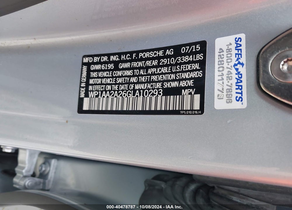 2016 PORSCHE CAYENNE VIN: WP1AA2A26GLA10293