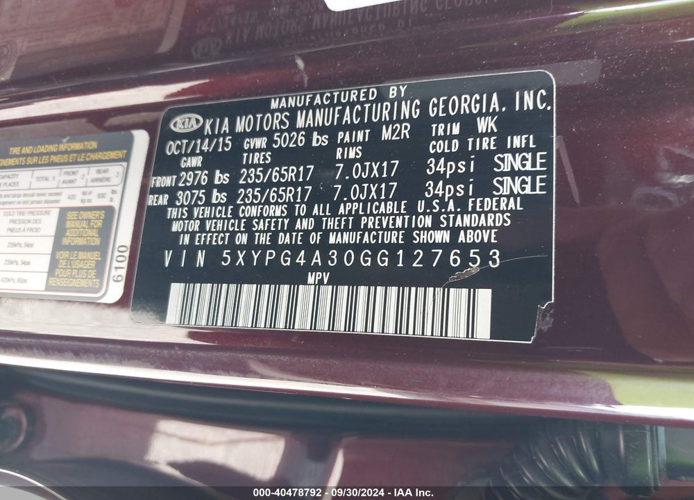 2016 KIA SORENTO 2.4L LX VIN: 5XYPG4A30GG127653