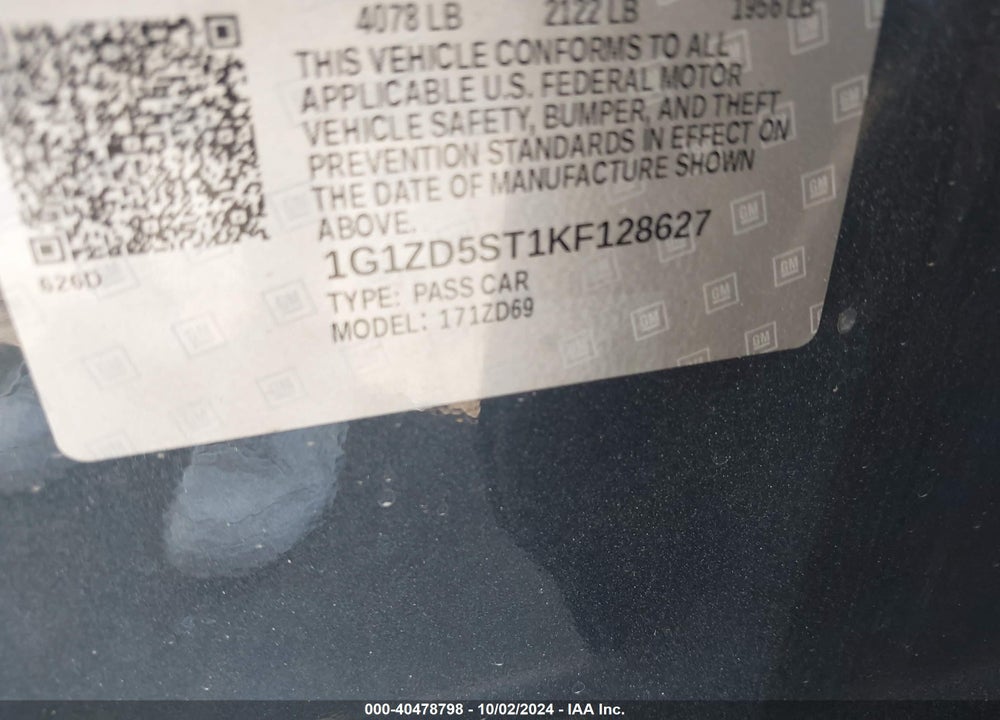 2019 CHEVROLET MALIBU LT VIN: 1G1ZD5ST1KF128627