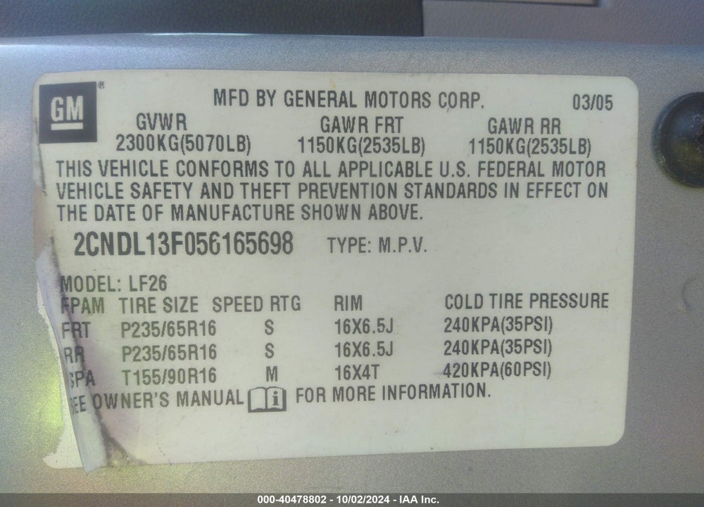 2005 CHEVROLET EQUINOX LS VIN: 2CNDL13F056165698
