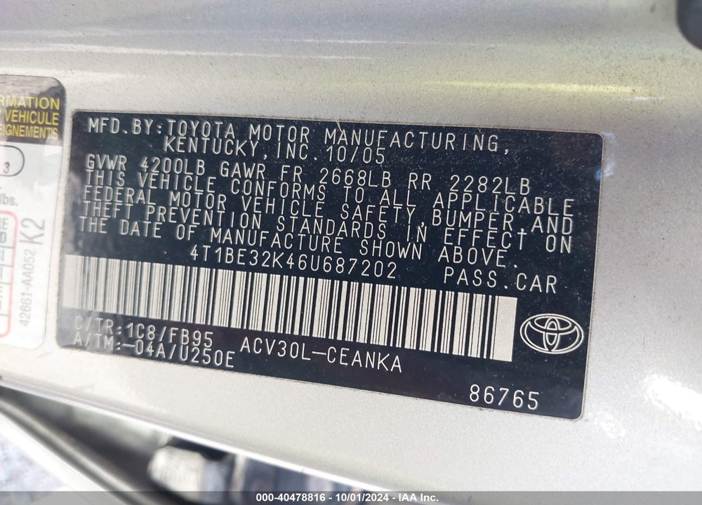2006 TOYOTA CAMRY LE VIN: 4T1BE32K46U687202