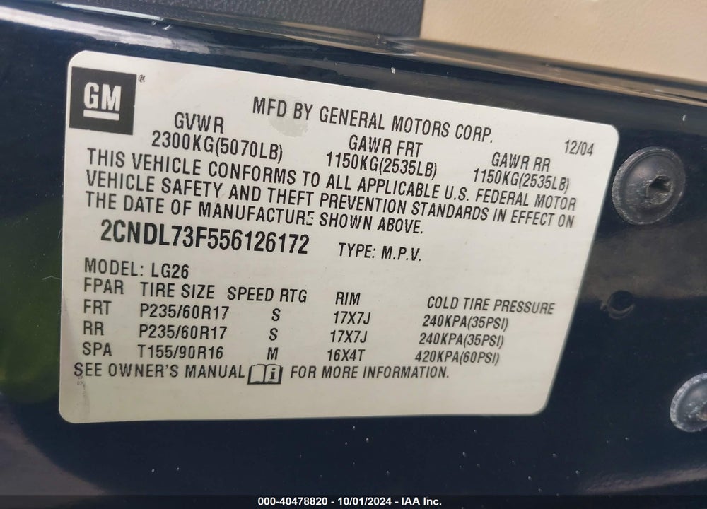 2005 CHEVROLET EQUINOX LT VIN: 2CNDL73F556126172