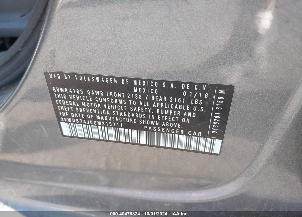 2016 VOLKSWAGEN JETTA 1.4T SE VIN: 3VWD67AJ0GM315711