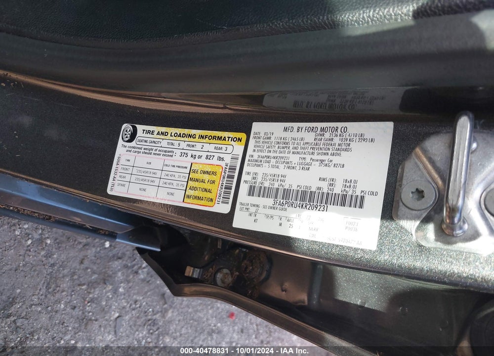 2019 FORD FUSION HYBRID TITANIUM VIN: 3FA6P0RU4KR209231