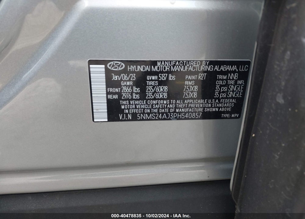 2023 HYUNDAI SANTA FE SEL VIN: 5NMS24AJ3PH540857