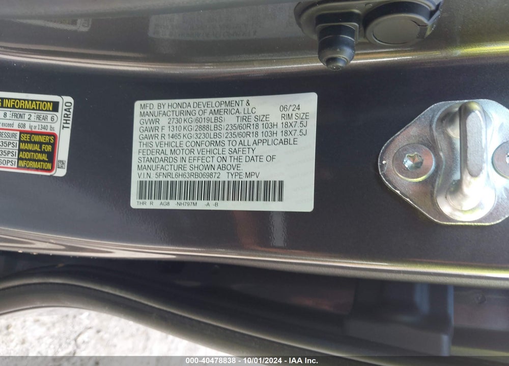 2024 HONDA ODYSSEY EX-L VIN: 5FNRL6H63RB069872