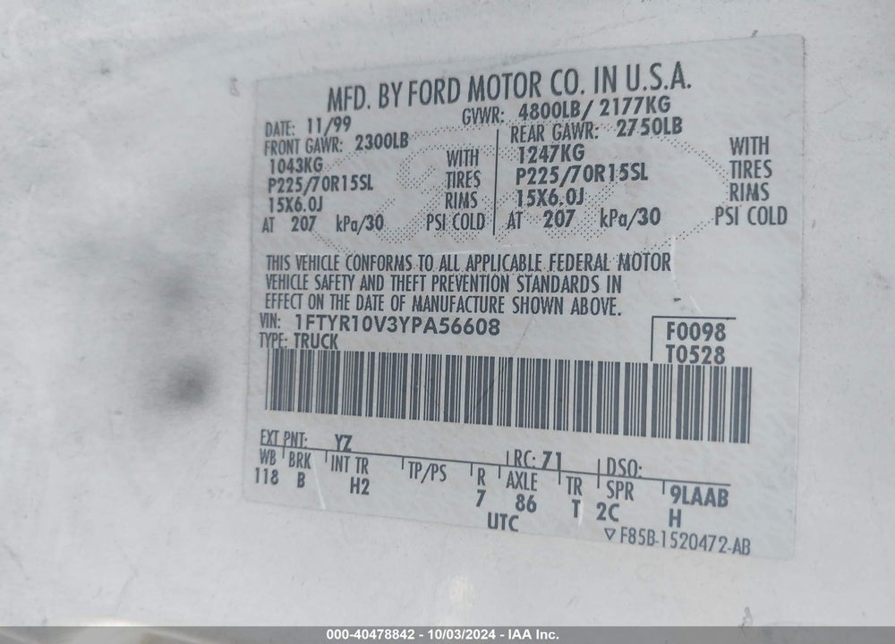 2000 FORD RANGER XL/XLT VIN: 1FTYR10V3YPA56608