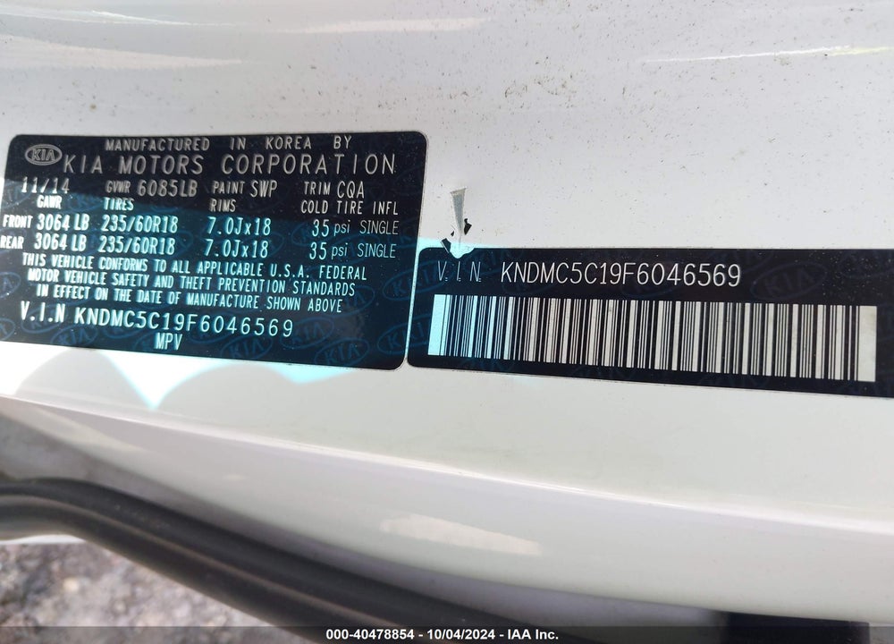 2015 KIA SEDONA SX VIN: KNDMC5C19F6046569