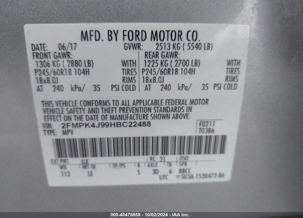 2017 FORD EDGE SEL VIN: 2FMPK4J99HBC22488