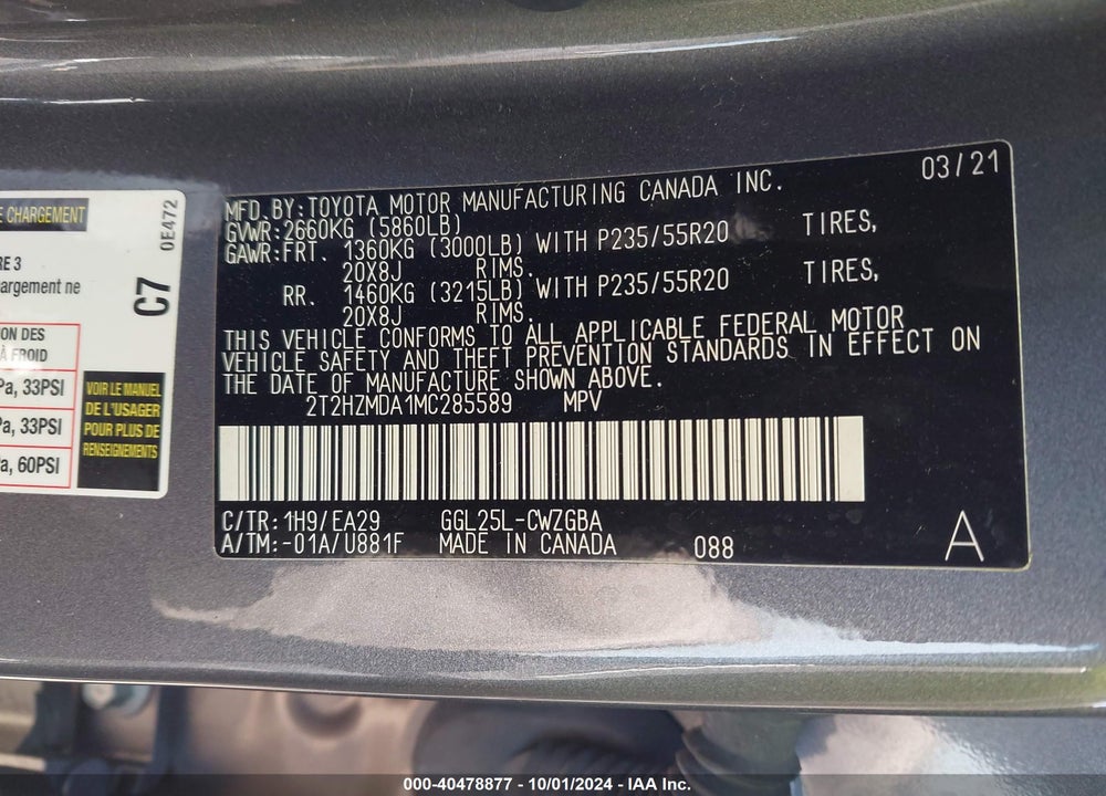 2021 LEXUS RX 350 VIN: 2T2HZMDA1MC285589