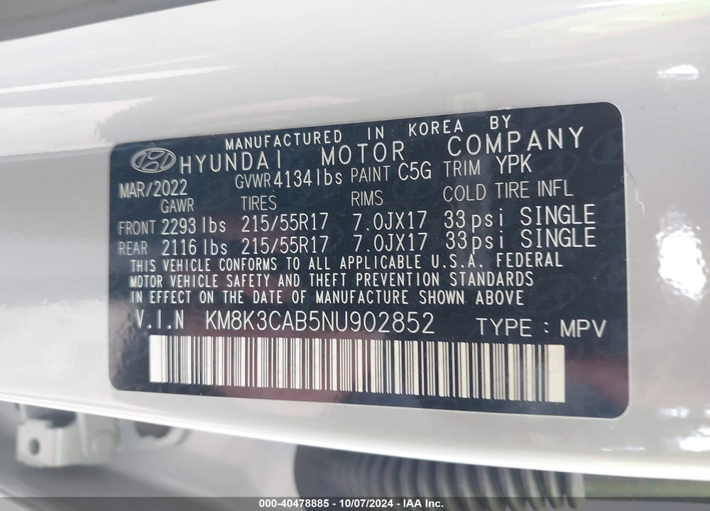2022 HYUNDAI KONA SEL VIN: KM8K3CAB5NU902852