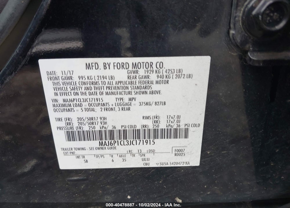 2018 FORD ECOSPORT SES VIN: MAJ6P1CL3JC171915