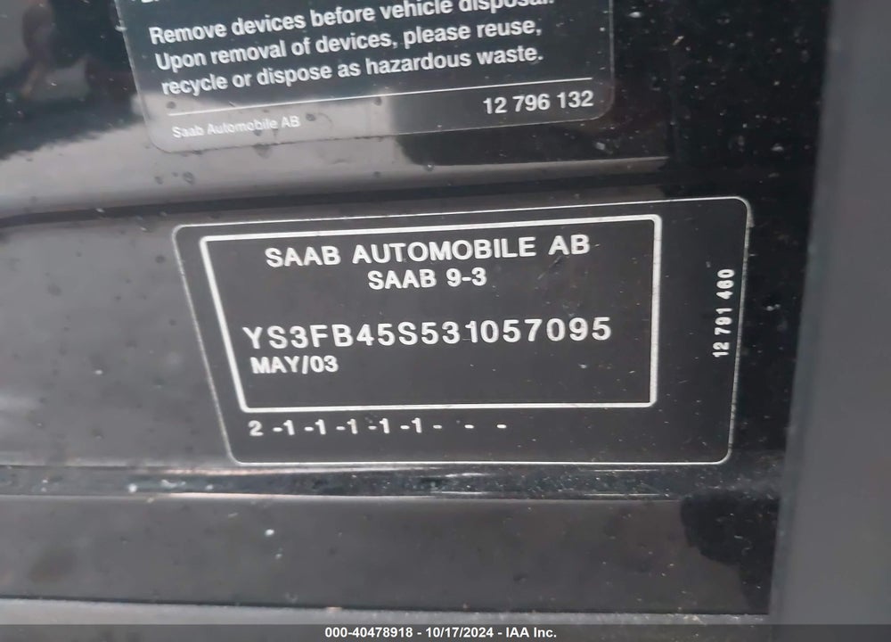 2003 SAAB 9-3 LINEAR VIN: YS3FB45S531057095