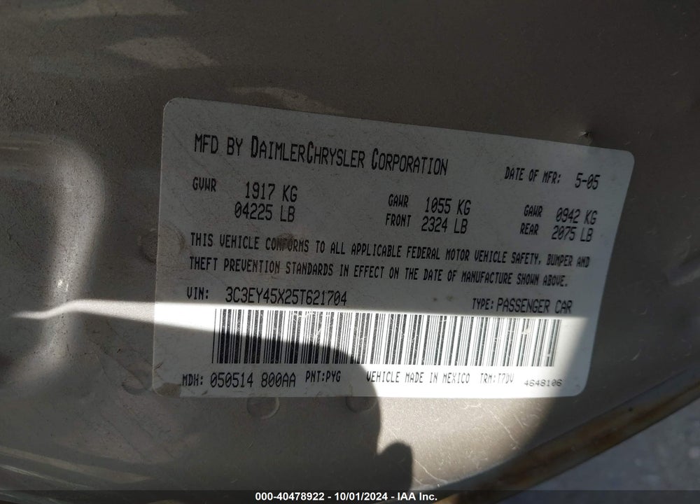 2005 CHRYSLER PT CRUISER VIN: 3C3EY45X25T621704