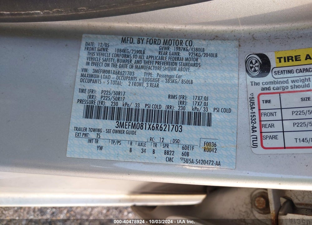 2006 MERCURY MILAN V6 PREMIER VIN: 3MEFM081X6R621703