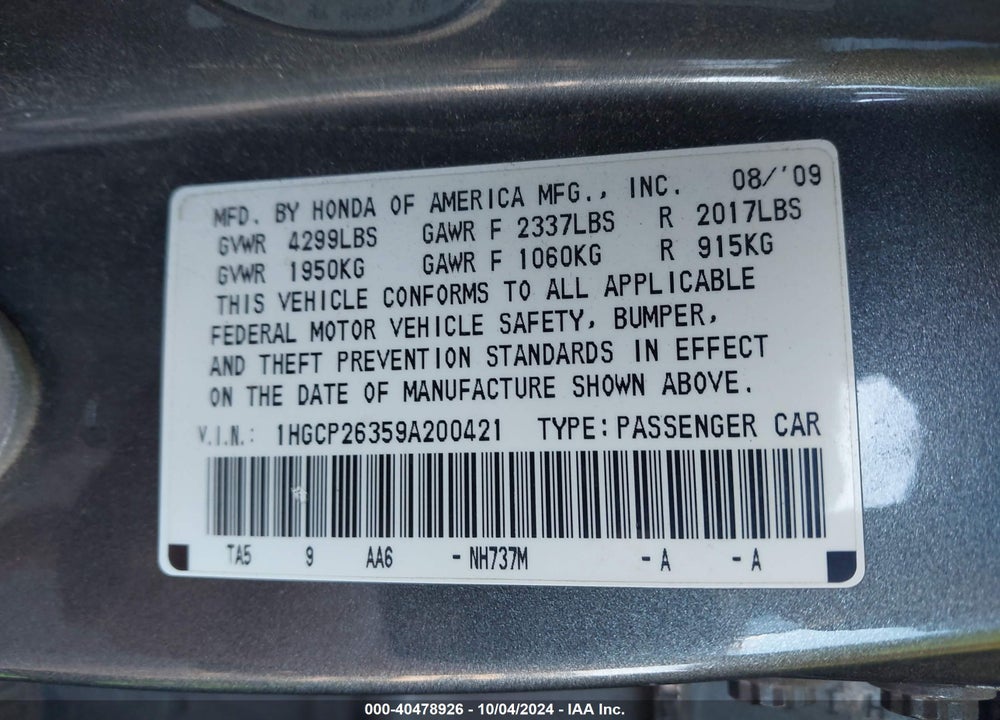 2009 HONDA ACCORD 2.4 LX VIN: 1HGCP26359A200421
