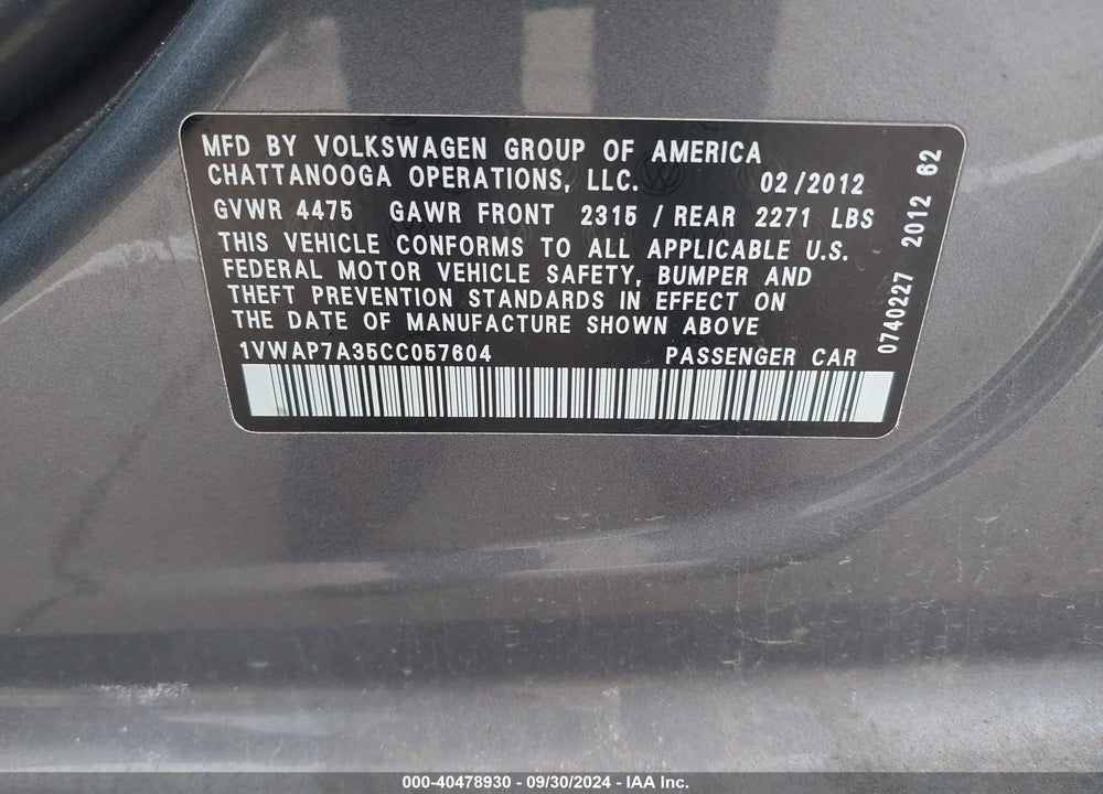 2012 VOLKSWAGEN PASSAT 2.5L S VIN: 1VWAP7A35CC057604