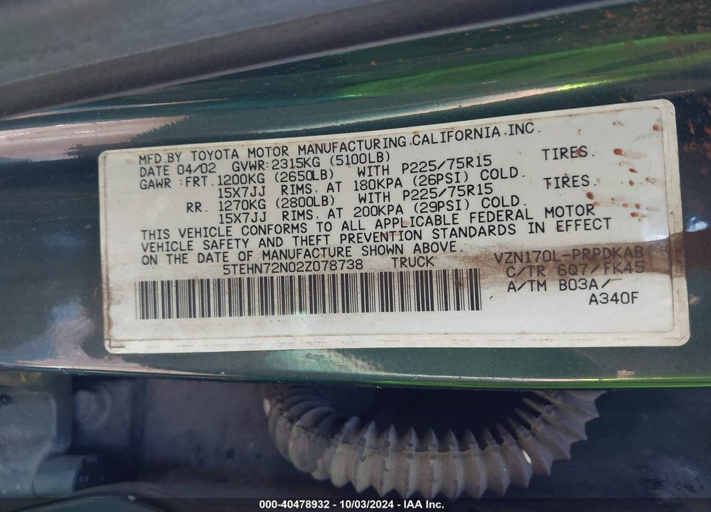 2002 TOYOTA TACOMA BASE V6 VIN: 5TEHN72N02Z078738