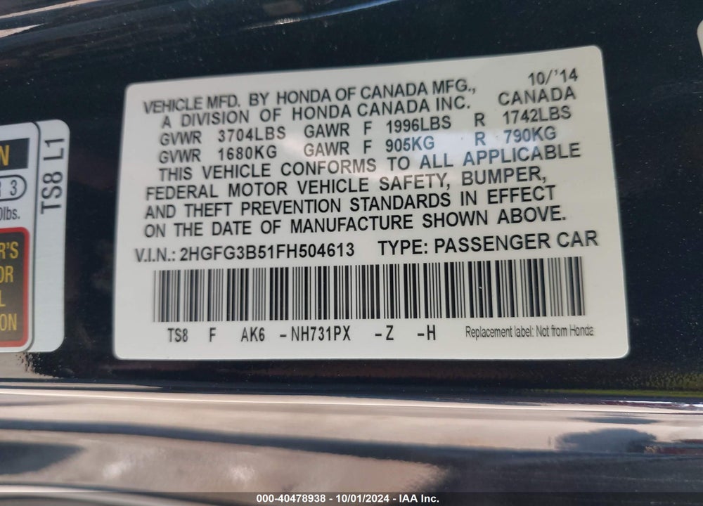 2015 HONDA CIVIC LX VIN: 2HGFG3B51FH504613