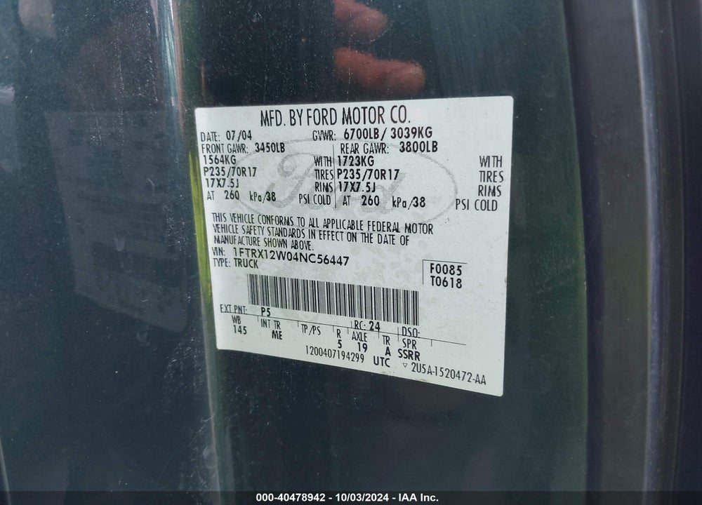 2004 FORD F-150 STX/XL/XLT VIN: 1FTRX12W04NC56447