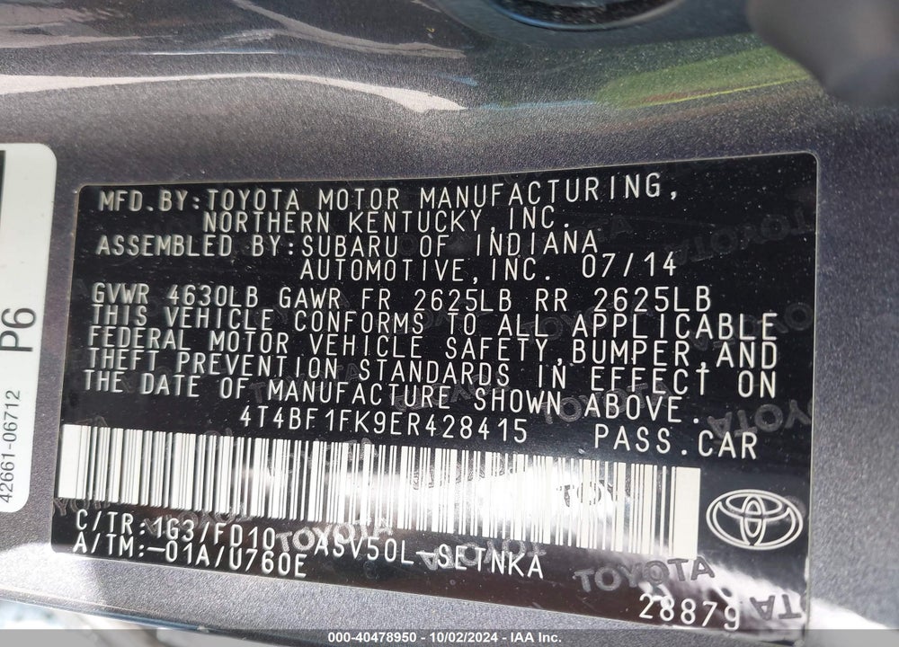 2014 TOYOTA CAMRY LE VIN: 4T4BF1FK9ER428415
