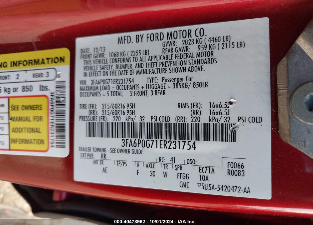 2014 FORD FUSION S VIN: 3FA6P0G71ER231754
