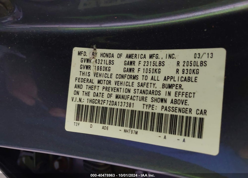 2013 HONDA ACCORD EX VIN: 1HGCR2F72DA137381