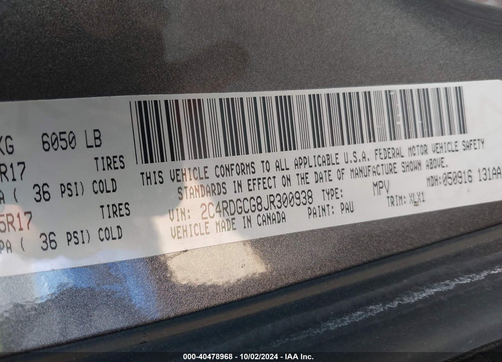 2018 DODGE GRAND CARAVAN SXT VIN: 2C4RDGCG8JR300938