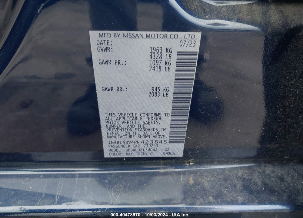 2023 NISSAN ALTIMA S FWD VIN: 1N4BL4BV4PN423845